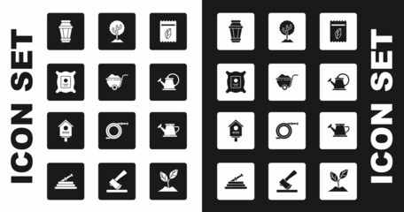 Set Pack full of seeds of plant, Wheelbarrow with dirt, Garden light lamp, Watering can, Tree, and Bird house icon. Vector
