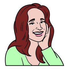 laughing woman with long brown hair and hand on face. green, head, comic, illustration.