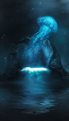 Underwater fantasy world. The dark bottom of the ocean, the abyss. Underwater rocks and tunnels. Underwater landscape. Neon sea jellyfish at the bottom of the sea. Dark natural marine background. 3D 