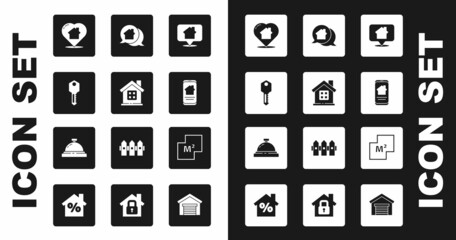 Set Location with house, House, key, heart shape, Online real estate, Real message, plan and Hotel service bell icon. Vector