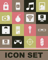Set Sewing thread on spool, Cinema glasses, Online play video, Music note, tone, Bomb ready explode, Photo camera, Paper shopping bag and Wi-Fi wireless internet network icon. Vector
