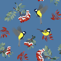 Seamless vector illustration with rowan branches and titmouse on a blue background.
