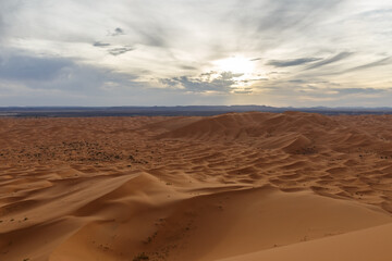 Obraz na płótnie Canvas Erg Chebbi. Sand dunes at sunset, beautiful landscape. Sahara Desert. Morocco