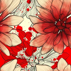 Wallpaper murals Red Fantastic chrysanthemums blood red seamless pattern. Digital lines hand drawn picture with watercolour texture. Mixed media artwork. Endless motif for packaging, scrapbooking, decoupage, textiles.