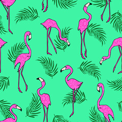 Fototapeta premium Seamless vector pattern with pink flamingos on blue background. Simple tropical bird wallpaper design. Decorative beach fashion textile.