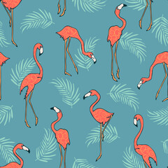 Seamless vector pattern with flamingos on blue background. Simple tropical bird wallpaper design. Decorative summer beach fashion textile.