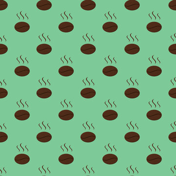 Drawing of images of coffee beans on pastel green backgrounds. template for overlaying on the surface. seamless pattern. 3D rendering. 3D image