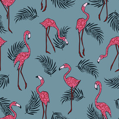 Obraz premium Seamless vector pattern with tropical bird on grey background. Simple flamingo wallpaper design. Decorative summer fashion textile.
