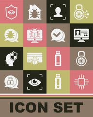 Set Processor with microcircuits CPU, Safe combination lock, Create account screen, Face recognition, System bug monitor, Shield and eye and Check mark speech bubble icon. Vector