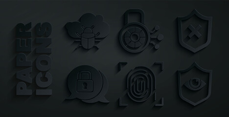 Set Fingerprint, Shield with cross mark, Cyber security, and eye, and System bug on cloud icon. Vector