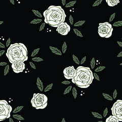 Seamless vector pattern with white roses on black background. Simple vintage floral wallpaper design. Decorative nostalgic fashion textile.