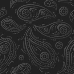 Black paisley background. Seamless pattern for textiles, packaging, tiles, greeting card decoration. Vector illustration