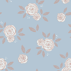Seamless vector pattern with white roseses on pastel blue background. Simple rmantic vintage floral wallpaper design. Decorative gentle flower fashion textile.