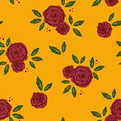 Seamless vector pattern with red roses on yellow background. Simple flower bloom wallpaper design. Decorative vintage floral fashion textile.