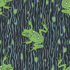 Seamless vector pattern with tree frog on textured brown background. Simple animal camouflage wallpaper design. Decorative zoo fashion textile.