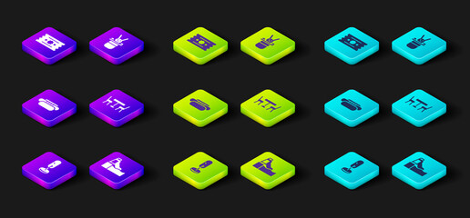 Set Tree, Water slide, Hotdog, Picnic table with chairs, Magician hat and rabbit and Ticket icon. Vector