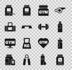 Set Sports nutrition, Fitness shaker, Step platform, bag, and Dumbbell icon. Vector