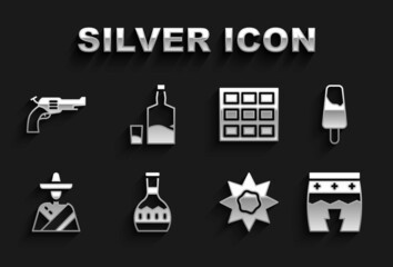 Set Tequila bottle, Popsicle ice cream, Huehuetl, Sun, Mexican man sombrero, Chocolate bar, Revolver gun and and glass icon. Vector