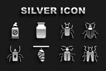 Set Butterfly cocoon, Chafer beetle, Beetle bug, Spray against insects and Glass jar icon. Vector