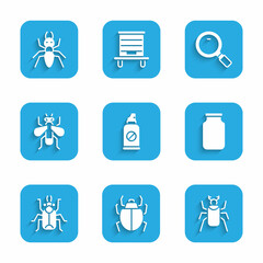 Set Spray against insects, Mite, Beetle bug, Glass jar, Insect fly, Magnifying glass and Ant icon. Vector