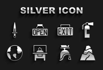 Fototapeta premium Set Glass showcase for exhibit, Fire extinguisher, Rock stones, Roman army helmet, Earth globe, Exit sign, Dagger and Hanging with Open icon. Vector