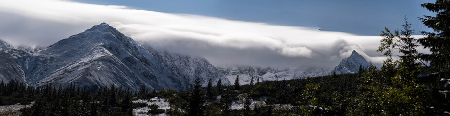 Fototapeta premium snow-capped peaks of mountain ranges, panorama, incredible wildlife