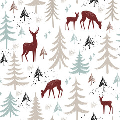 Seamless pattern with hand drawn Christmas trees and deers. Winter forest background. Vector illustration. - 467707943