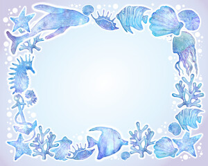 Marine watercolor background, marine inhabitants frame, kids background for vacation, travel