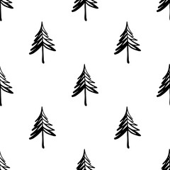 Seamless pattern of hand drawn Christmas trees. Winter forest background. Vector illustration.
