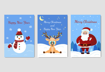 Christmas greeting cards. Vector set. Cute cartoon Deer, Santa Claus and Snowman staying on snow and smiling. Text Merry Christmas and Happy New Year. Collection of holiday cards