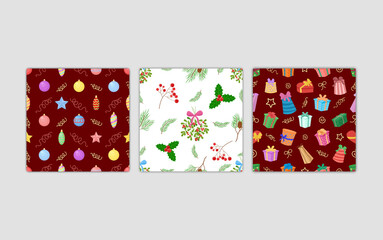 Christmas decorations pattern set. New Year holiday seamless backgrounds. Plants, gift boxes and tree balls. Vector collection