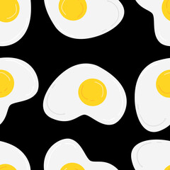 Cute pattern with scrambled eggs on black background in cartoon flat style. Vector illustration background.