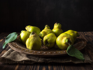 Large ripe quince fruits with leaves on a carved wooden plate