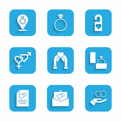 Set Wedding arch, Greeting card, rings, Diamond engagement, Gender, Please do not disturb and icon. Vector