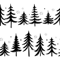 Seamless pattern of hand drawn Christmas trees. Winter forest background. Vector illustration. - 467708925