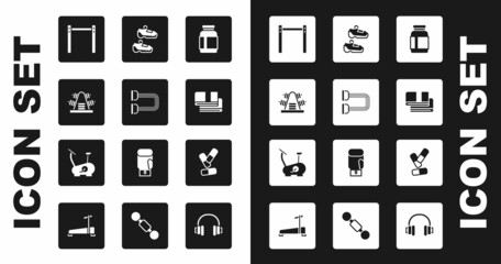 Set Sports nutrition, Chest expander, Metal rack with weights, Horizontal bar, Towel stack, sneakers, Vitamin pill and Stationary bicycle icon. Vector