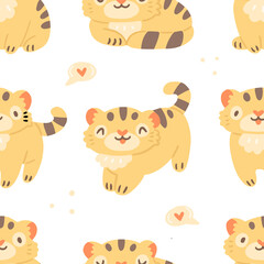 Children's seamless pattern with cute tiger cubs, dots and hearts on a white background. Vector illustration background in pastel colors.