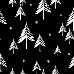 Seamless pattern of hand drawn Christmas trees. Winter forest background. Vector illustration.