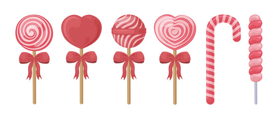 A bright set consisting of red and pink lollipops and candies. Lollipops of various shapes and sizes. Sweets for Valentine s Day.Christmas sweets. Festive candles. Vector illustration