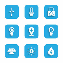 Set Lightning bolt, Solar energy panel, Water, bulb with leaf, lightning, Paper bag recycle and Wind turbine icon. Vector