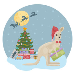 Cute Christmas illustration depicting a Christmas tree with gifts and a cute kangaroo sitting near a Christmas tree with gifts. Santa s reindeer are in the sky. Children s New Year s illustration