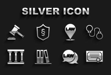 Set Office folders, Handcuffs, Certificate template, Law, Prison window, Location law, Judge gavel and Justice shield icon. Vector