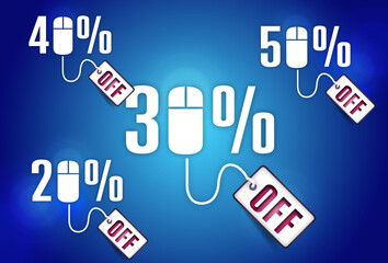 20%, 40%, 50%, 30%, 10% Off Sale discount text on blue background price tag