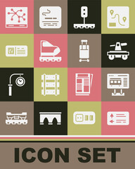 Set Road traffic signpost, Ticket office to buy tickets, Draisine or handcar, Train light, High-speed train, QR code, Railway map and Suitcase icon. Vector