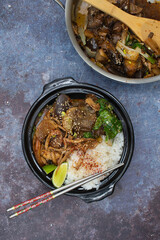 Korean vegan meal with carrot, eggplant, cabbage, pepper, raddish served with rice in traditional donburi