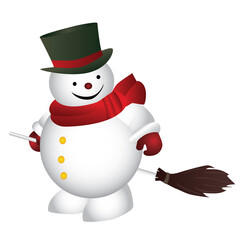 Snowman with green top hat and red scarf hold a broom isolated on white background. 