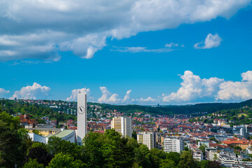 Germany, Aerial panorama view above stuttgart city houses and church, the skyline of the big city