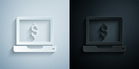 Paper cut Laptop with dollar icon isolated on grey and black background. Sending money around the world, money transfer, online banking, financial transaction. Paper art style. Vector