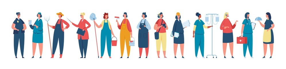 Professional female worker in uniform, women of different occupations. Diverse group of women workers standing together vector illustration. Characters working for various jobs, career employment