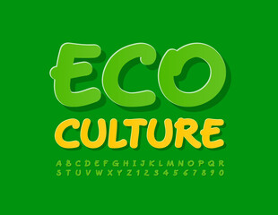 Vector bright banner Eco Culture. Green handwritten Font. Creative Alphabet Letters and Numbers set